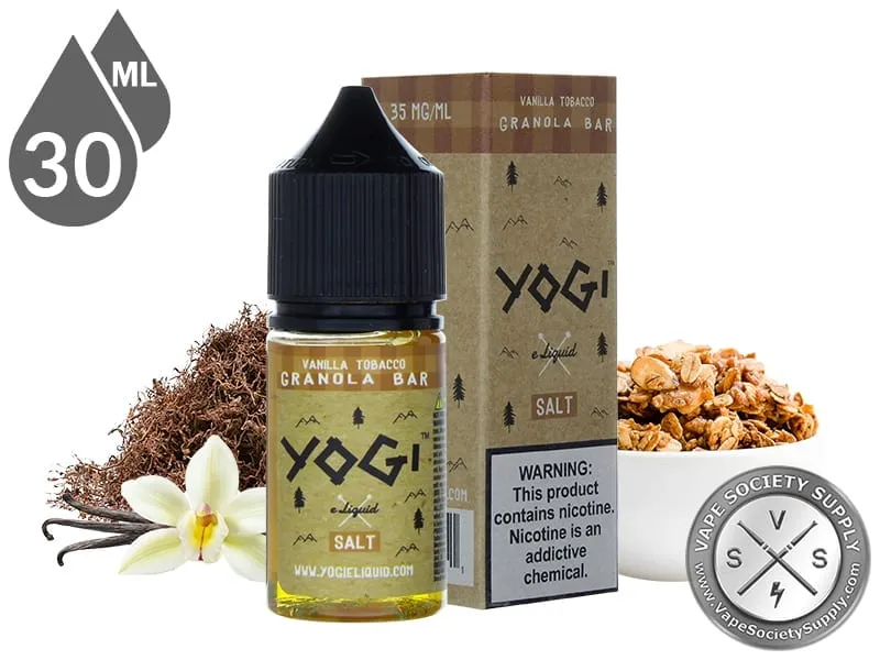 Vanilla Tobacco Granola Bar by YOGI Salt 30ml bottle and box with shredded tobacco, a vanilla flower and a bowl of granola