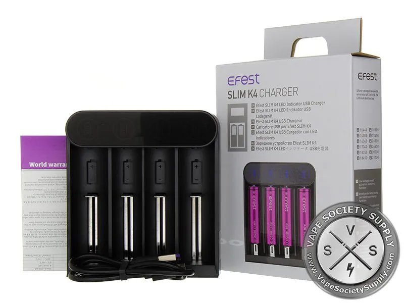 Efest Slim K4 four-bay charger with its box, charging cable and warranty card