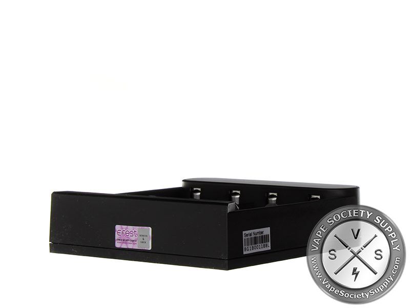 Efest Slim K4 charger from the side, with a label and barcode sticker