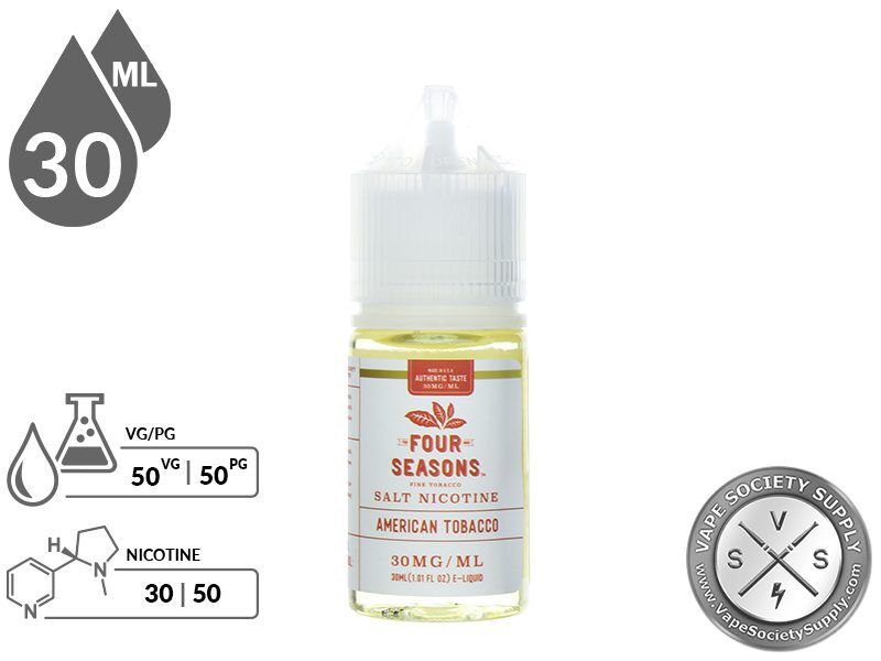 American Tobacco by Four Seasons Salt 30ml bottle with a 50/50 VG/PG icon and nicotine strength icons