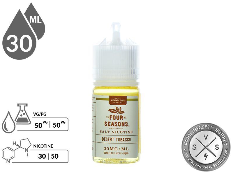 Desert Tobacco by Four Seasons Salt 30ml bottle with a 50/50 VG/PG icon and nicotine strength icons