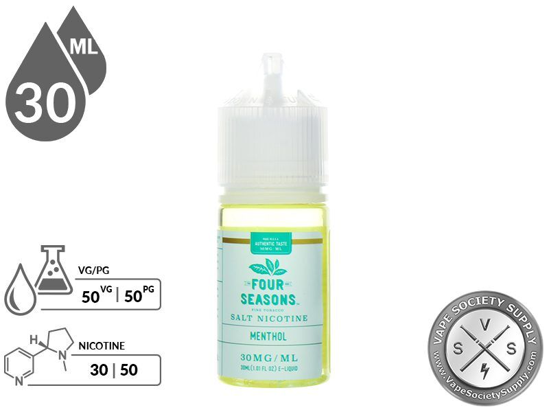 Menthol by Four Seasons Salt 30ml bottle with a 50/50 VG/PG icon and nicotine strength icons