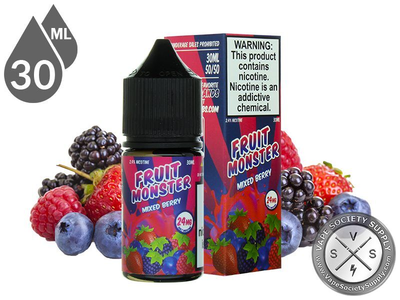 Mixed Berry Fruit Monster Salt 30ml bottle and box with blackberries, raspberries, blueberries and a strawberry
