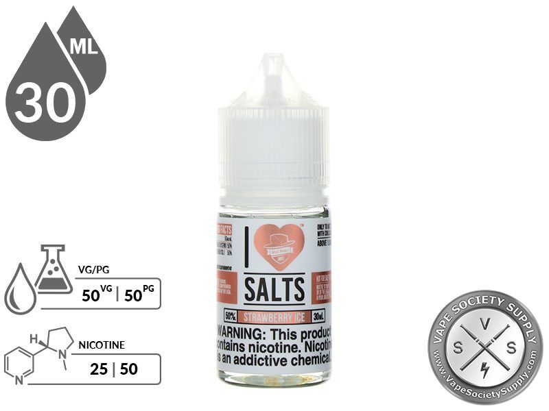 Strawberry Ice by Mad Hatter I Love Salts 30ml bottle with a 50/50 VG/PG icon and nicotine strength icons