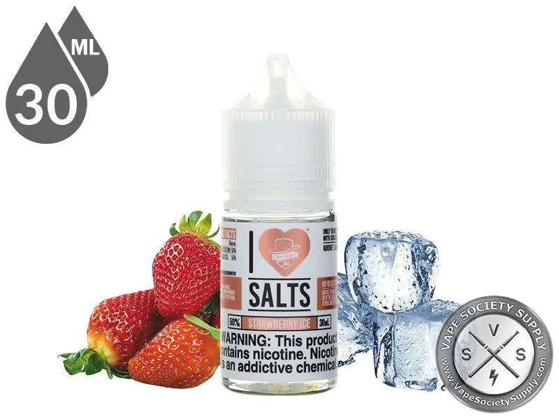 Strawberry Ice by Mad Hatter I Love Salts 30ml bottle with strawberries and ice cubes