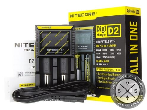 Nitecore D2 two-bay charger with its box, user manual and AC power cord