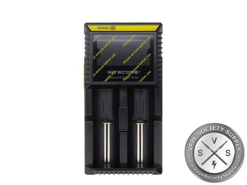 Nitecore D2 charger from above, with its LCD and two empty bays