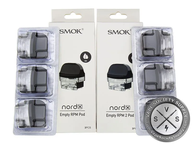 SMOK Nord X Empty RPM Pod and Empty RPM 2 Pod boxes, 3 pcs each, with pods in blister packs
