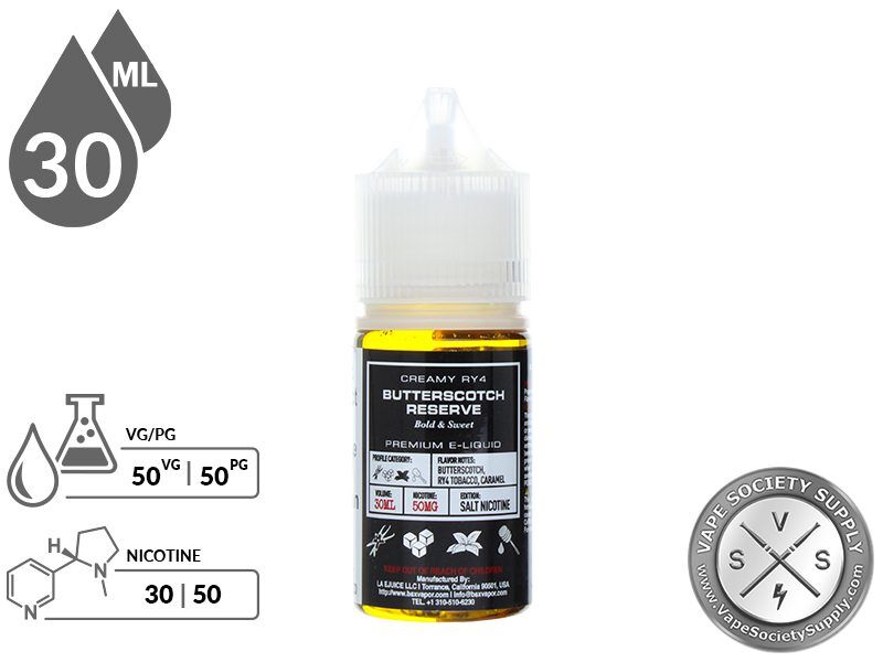 Butterscotch Reserve by BSX Salt 30ml bottle with a 50/50 VG/PG icon and nicotine strength icons
