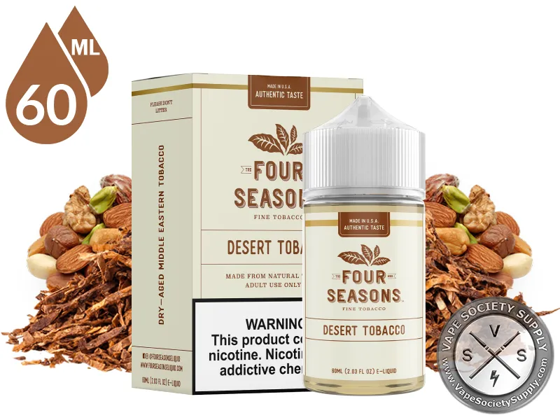 Desert Tobacco by Four Seasons 60ml bottle and box with mixed nuts and cut tobacco