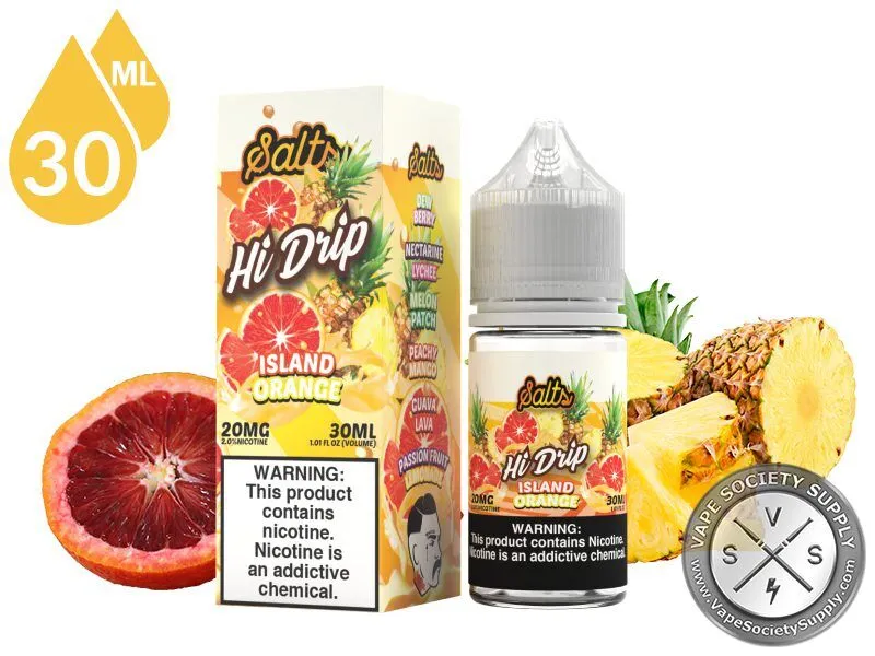 Island Orange by Hi Drip Salts 30ml bottle and box with blood oranges and pineapple