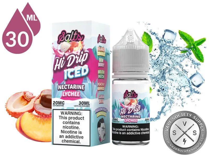 Nectarine Lychee Iced by Hi Drip Salts 30ml bottle and box with nectarines, lychees, ice and mint leaves