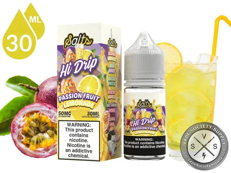Passion Fruit Lemonade by Hi Drip Salts 30ml bottle and box with passion fruit and a glass of lemonade