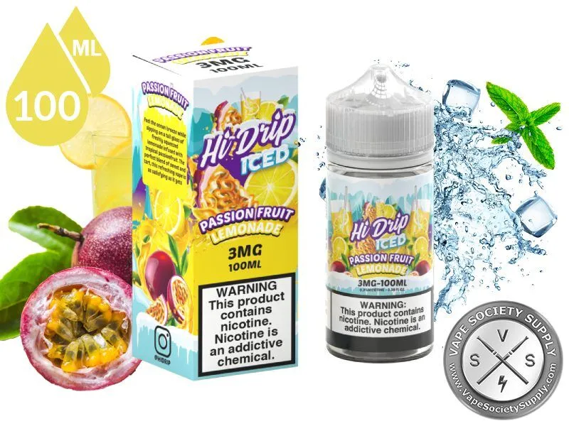 Passion Fruit Lemonade Iced by Hi Drip 100ml bottle and box with passion fruit, ice and mint leaves