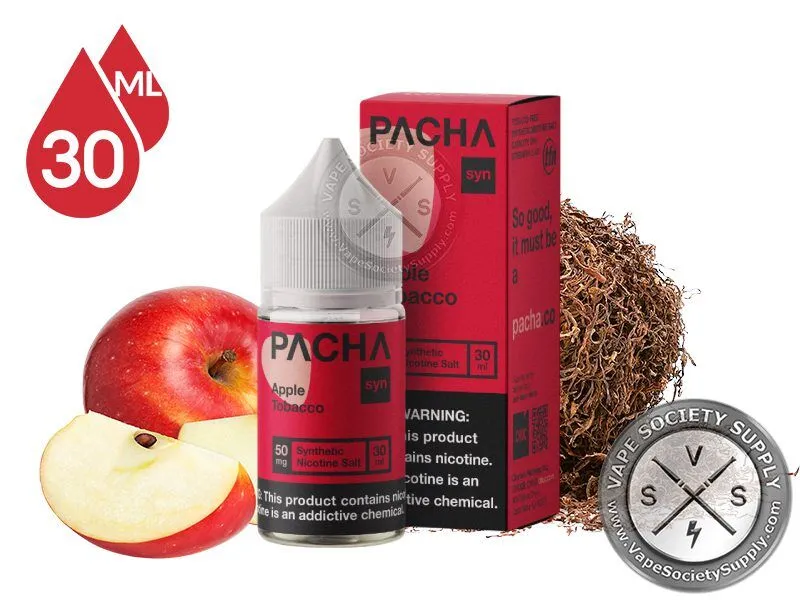 Apple Tobacco PACHA Salt 30ml bottle and box with an apple and shredded tobacco