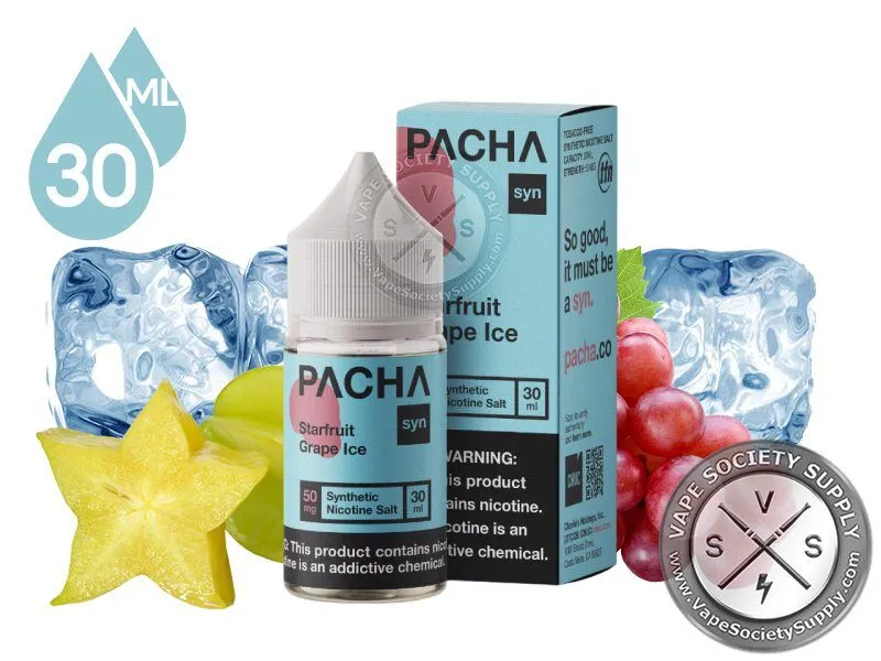 Starfruit Grape Ice PACHA Salt 30ml bottle and box with starfruit and red grapes with ice