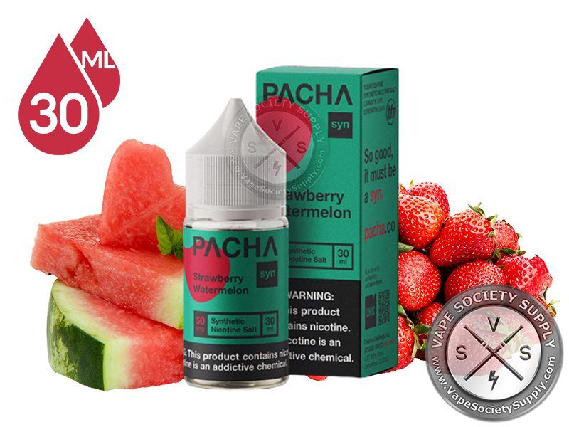 Strawberry Watermelon PACHA Salt 30ml bottle and box with watermelon slices and strawberries