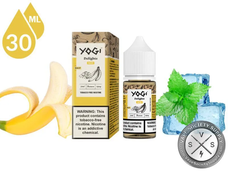 Banana Ice by YOGI Delights Salt 30ml bottle and box with a banana, mint leaves and ice cubes