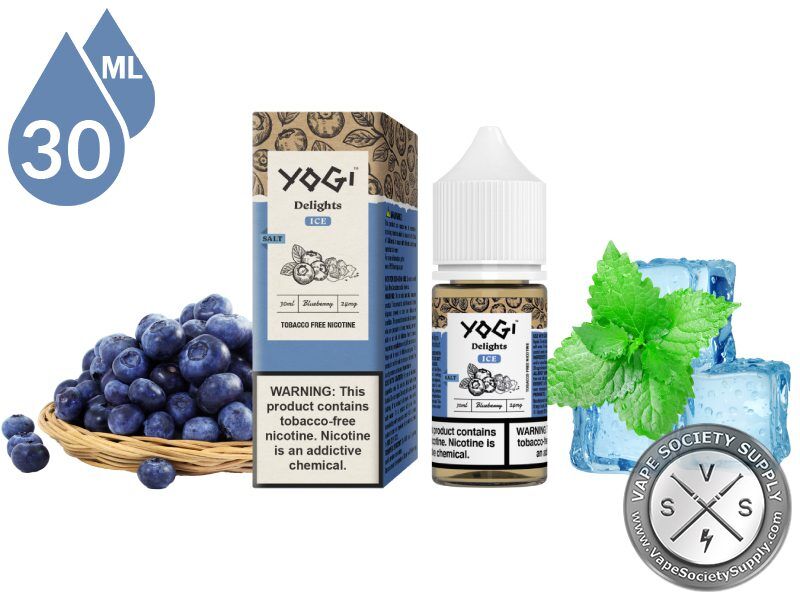 Blueberry Ice by YOGI Delights Salt 30ml bottle and box with a basket of blueberries, mint leaves and ice cubes