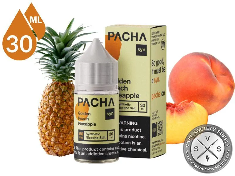 Golden Peach Pineapple PACHA Salt 30ml bottle and box with a pineapple and a peach