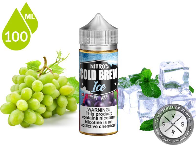 Grape ICEE by Nitro's Cold Brew ICE 100ml bottle with green grapes, ice cubes and mint leaves