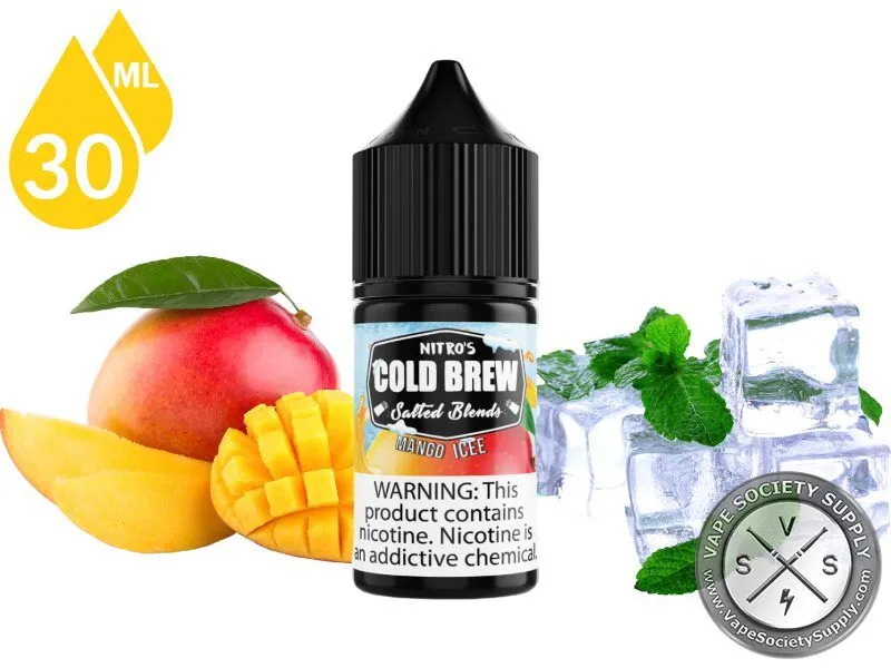 Mango ICEE by Nitro's Cold Brew Salted Blends 30ml bottle with a mango, mango cubes, ice cubes and mint leaves
