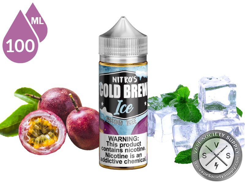 Passion Fruit ICEE by Nitro's Cold Brew ICE 100ml bottle with passion fruit, ice cubes and mint leaves