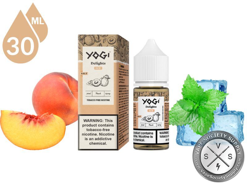 Peach Ice by YOGI Delights Salt 30ml bottle and box with a peach, mint leaves and ice cubes
