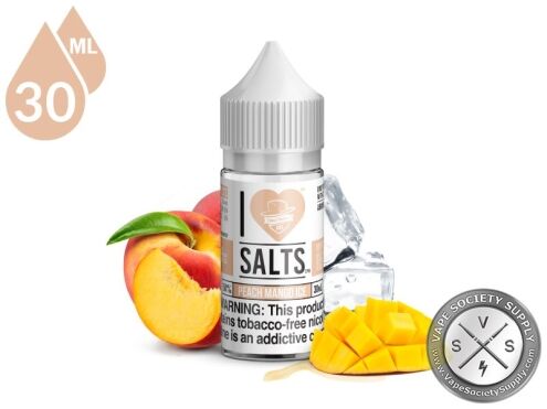 Peach Mango Ice by Mad Hatter I Love Salts 30ml bottle with a peach, mango and ice cubes