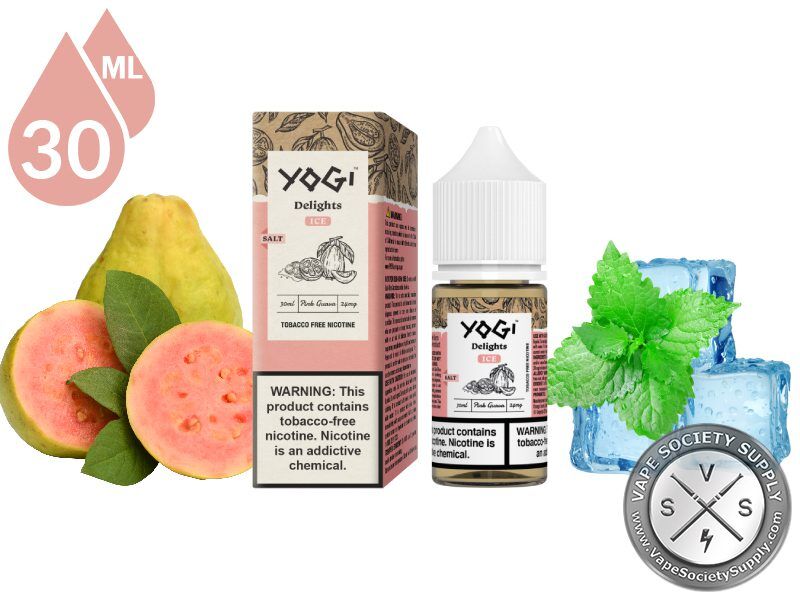 Pink Guava Ice by YOGI Delights Salt 30ml bottle and box with pink guavas, mint leaves and ice cubes