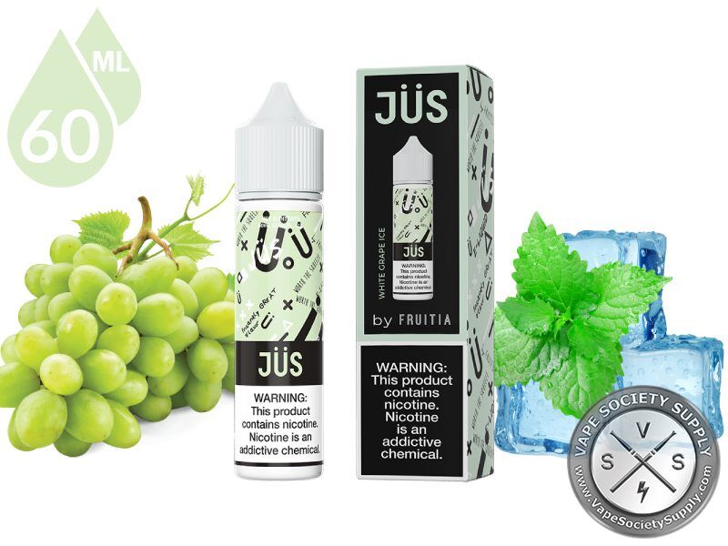 White Grape Ice JÜS by Fruitia 60ml bottle and box with green grapes, mint leaves and ice