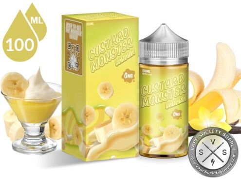 Banana Custard Monster 100ml bottle and box with bananas and a cup of custard