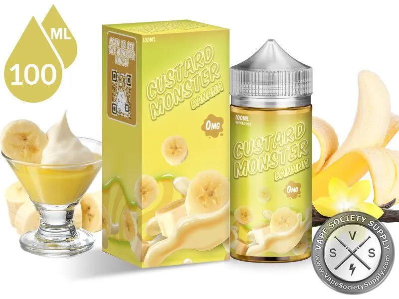 Banana Custard Monster 100ml bottle and box with bananas and a cup of custard