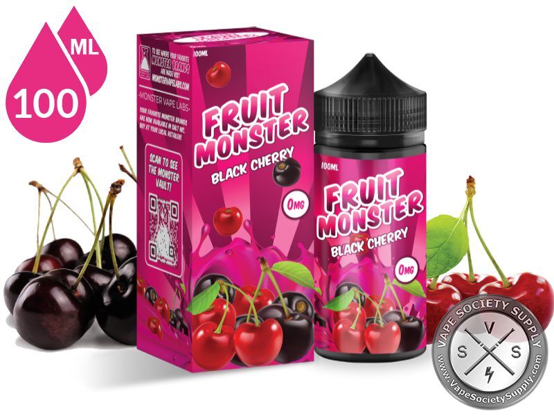 Black Cherry Fruit Monster 100ml bottle and box with black cherries