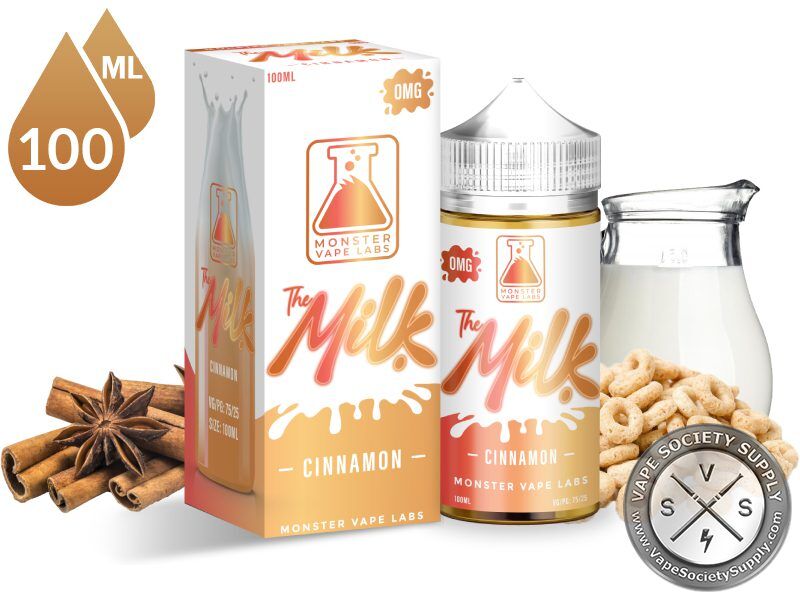 Cinnamon The Milk 100ml bottle and box with cinnamon sticks, star anise, cereal and a jug of milk