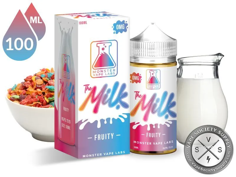 Fruity The Milk 100ml bottle and box with a bowl of fruity cereal and a jug of milk