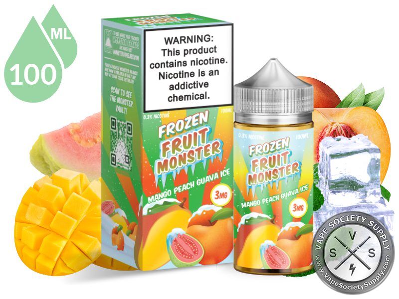Mango Peach Guava Ice Frozen Fruit Monster 100ml bottle and box with mango, guava, peaches and ice cubes