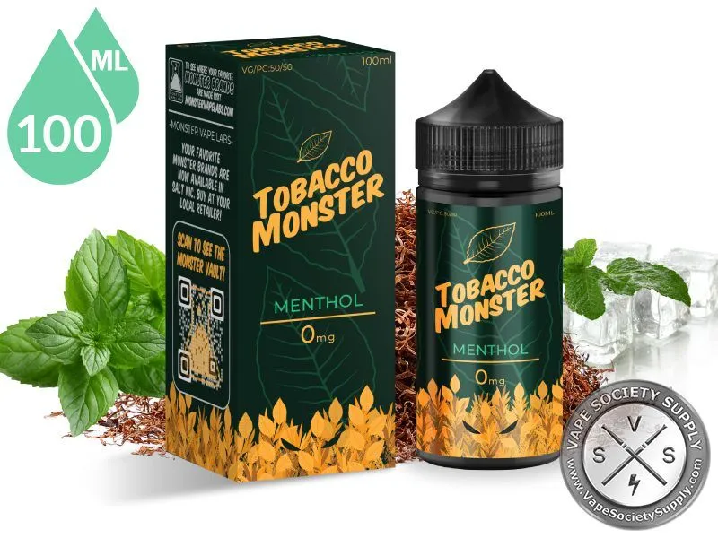 Menthol Tobacco Monster 100ml bottle and box with tobacco leaves, mint leaves and ice