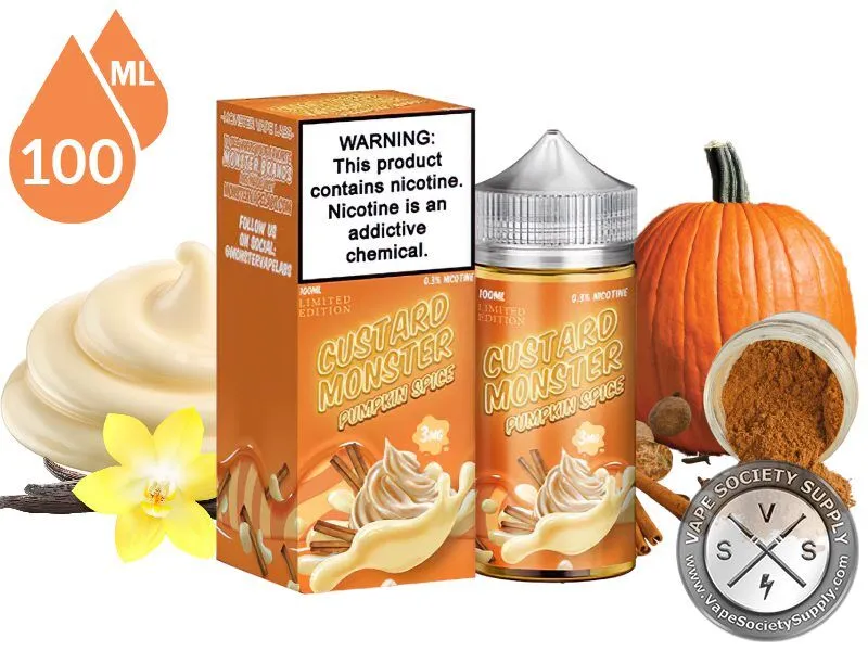 Pumpkin Spice Custard Monster 100ml bottle and box with a pumpkin, pumpkin spice, a vanilla flower and custard
