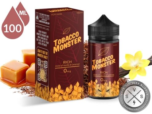 Rich Tobacco Monster 100ml bottle and box with tobacco leaves, caramel and a vanilla flower
