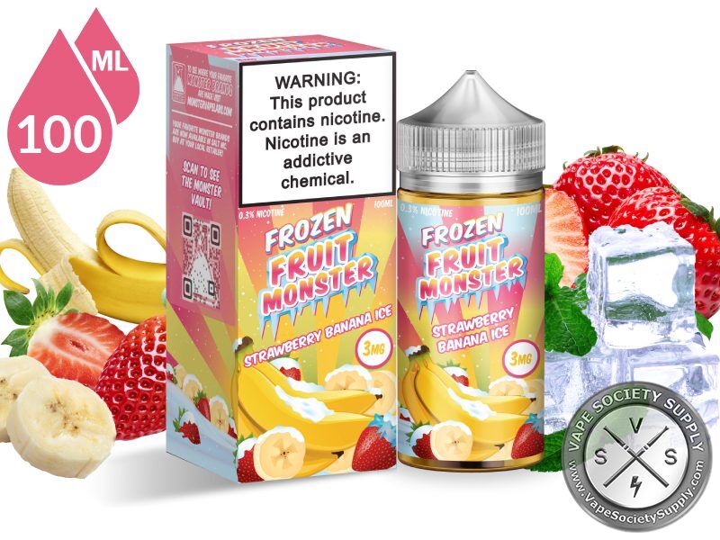 Strawberry Banana Ice Frozen Fruit Monster 100ml bottle and box with strawberries, bananas and ice cubes