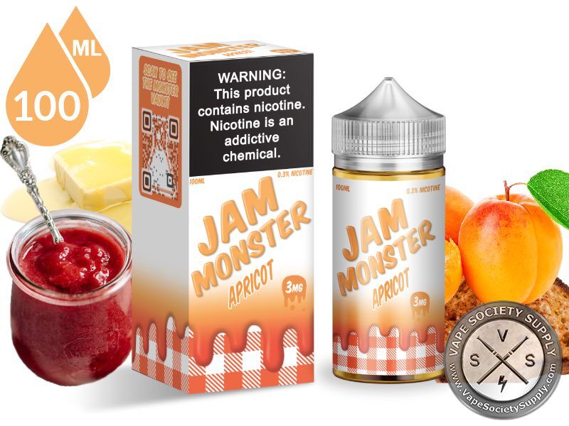 Apricot Jam Monster 100ml bottle and box with a jar of jam, butter, apricots and toast