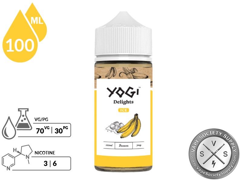 Banana Ice by YOGI Delights 100ml bottle with a 70/30 VG/PG icon and nicotine strength icons