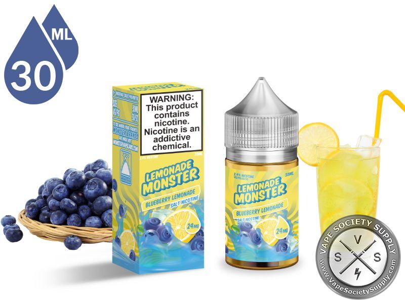 Blueberry Lemonade Monster Salt 30ml bottle and box with blueberries and a glass of lemonade