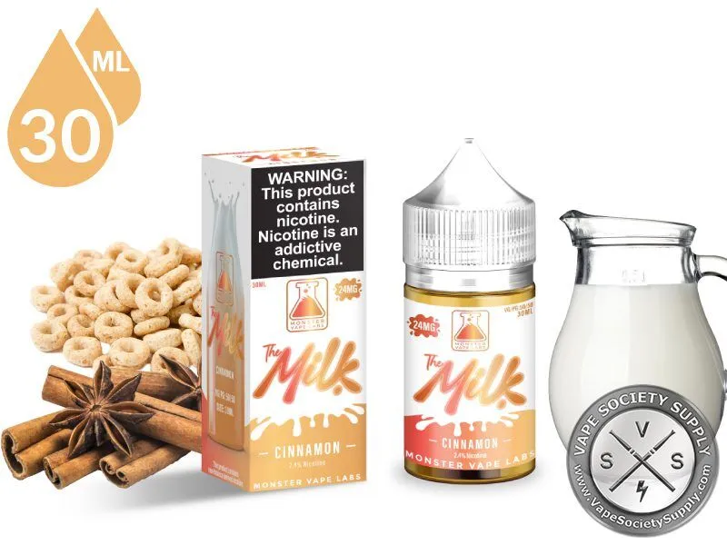 Cinnamon The Milk Salt 30ml bottle and box with cereal, cinnamon sticks, star anise and a jug of milk
