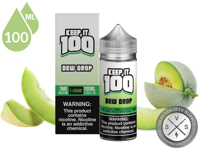 Dew Drop by Keep It 100 Vape Juice 100ml bottle and box with sliced honeydew melon