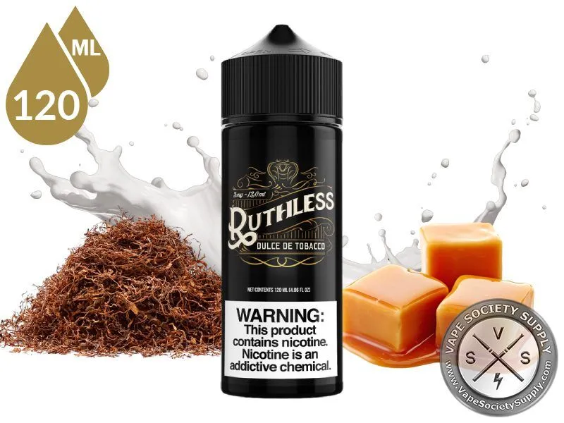 Dulce De Tobacco Ruthless Vapor 120ml bottle with shredded tobacco, caramel and a milk splash