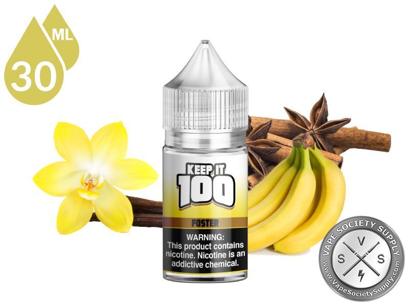 Nana Foster by Keep It 100 Salt 30ml bottle with a vanilla flower, bananas, cinnamon sticks and star anise