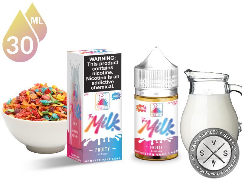 Fruity The Milk Salt 30ml bottle and box with a bowl of fruity cereal and a jug of milk