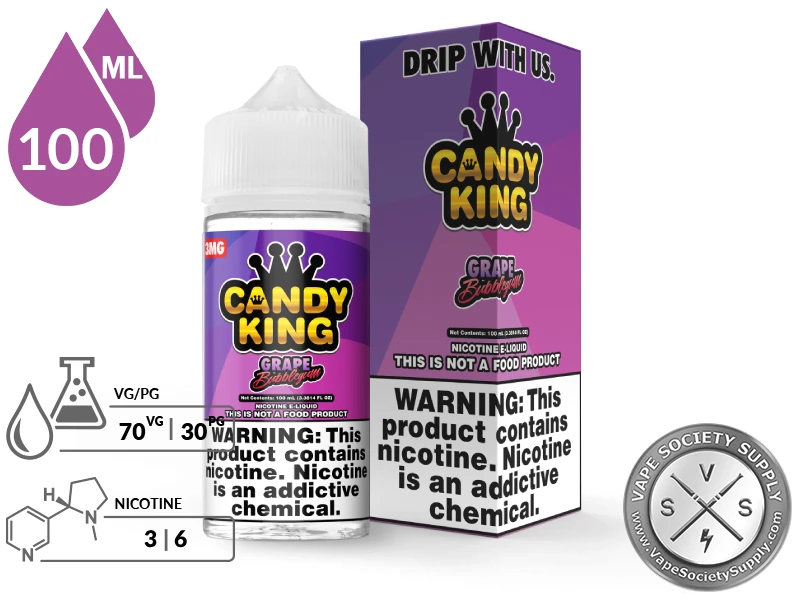 Grape Bubblegum Candy King 100ml bottle and box with a 70/30 VG/PG icon and nicotine strength icons